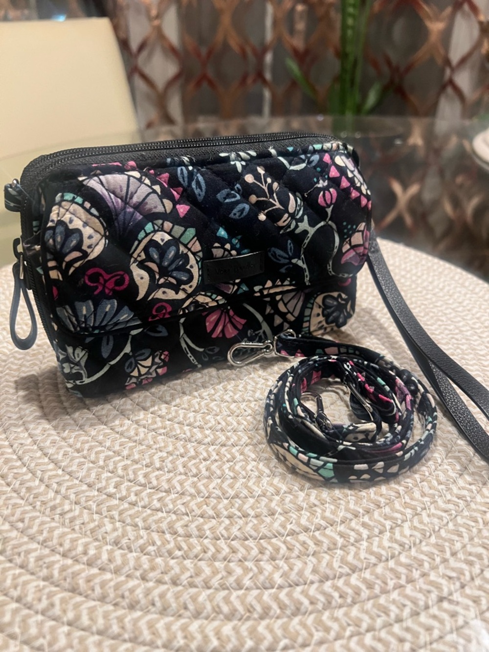 Vera Bradley Black Floral Quilted Crossbody Wristlet - Versatile Everyday Bag